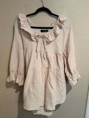 Light Cream Ruffle Tie-Neck Peasant Tunic / Babydoll Top